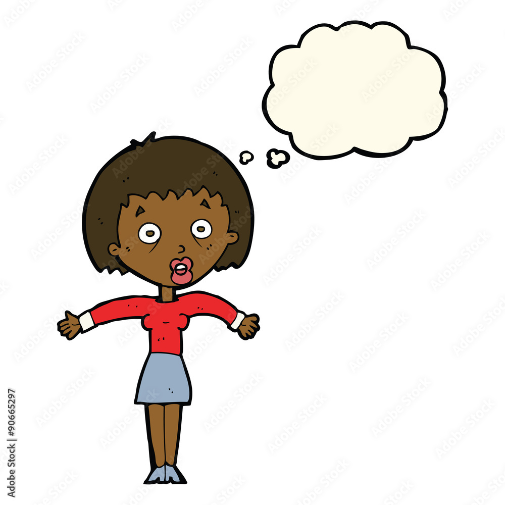 cartoon woman shrugging shoulders with thought bubble cartoon woman shrugging shoulders with thought bubble