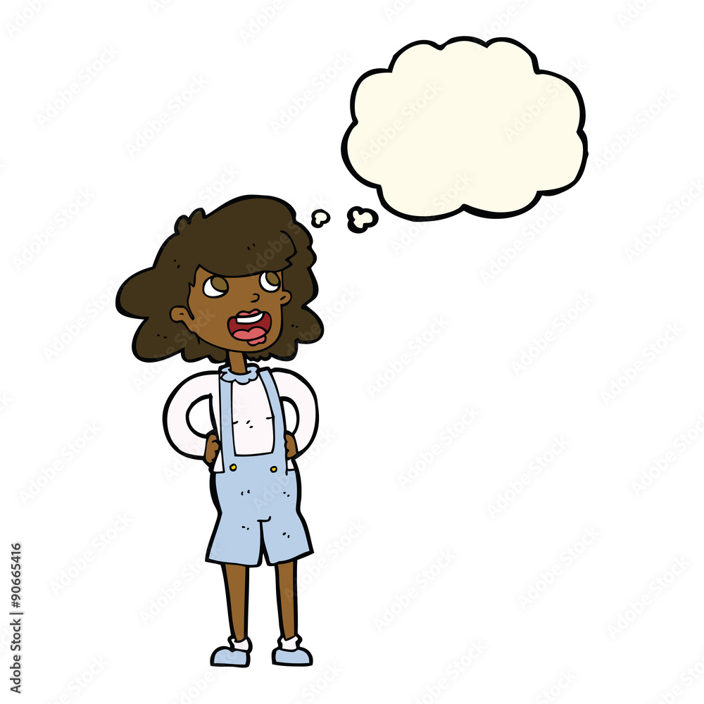cartoon woman in dungarees with thought bubble cartoon woman in dungarees with thought bubble