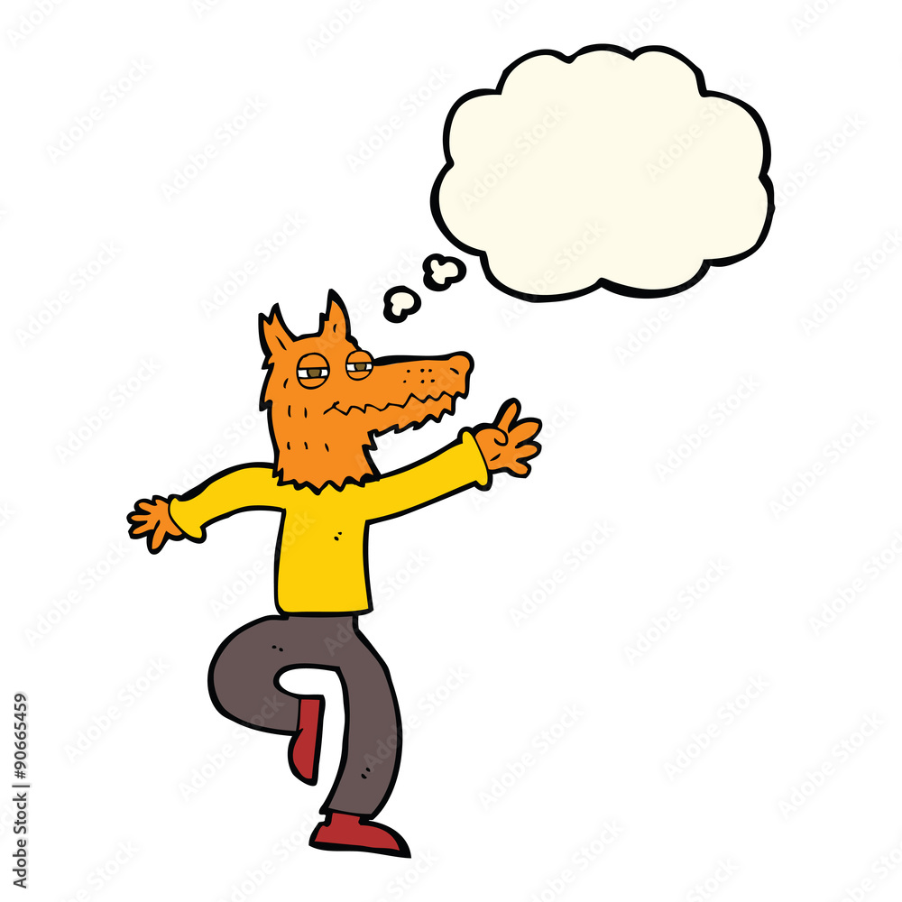 Obraz premium cartoon happy fox man with thought bubble