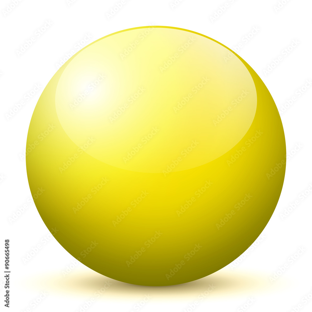 Beautiful Yellow Unlabeled 3D Vector Sphere with Smooth Shadow on the Ground and White Background - Marble, Glossy, Glass, Ball, Pearl, Globe - With Bright Reflection - Kugel, Glaskugel, Murmel, Gelb 