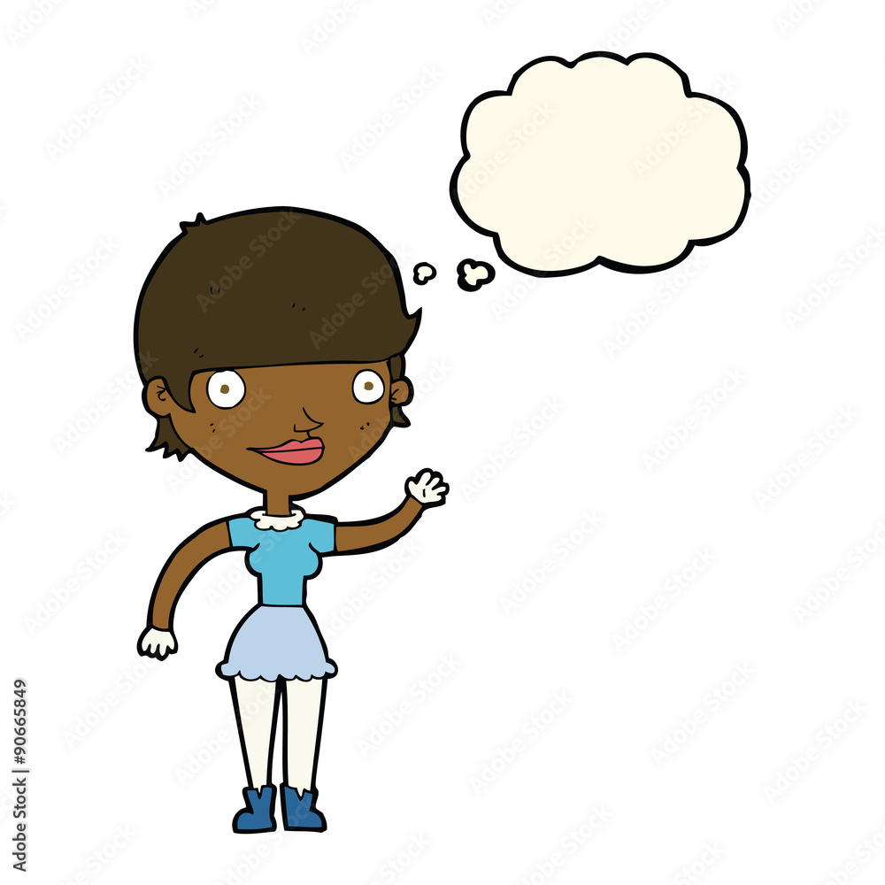 cartoon woman with idea with thought bubble cartoon woman with idea with thought bubble