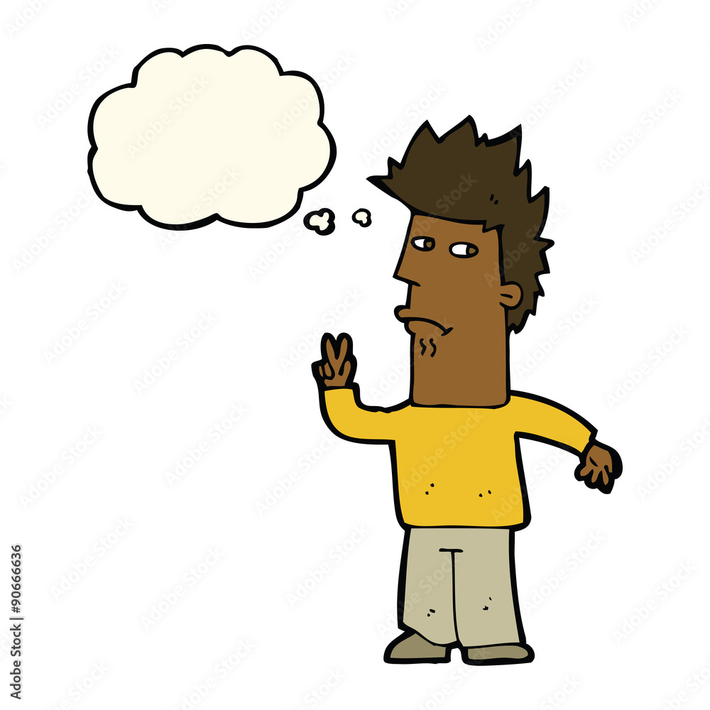 cartoon man giving peace sign with thought bubble cartoon man giving peace sign with thought bubble