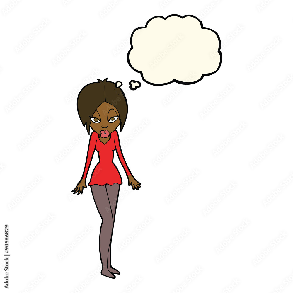 cartoon woman in short dress with thought bubble cartoon woman in short dress with thought bubble