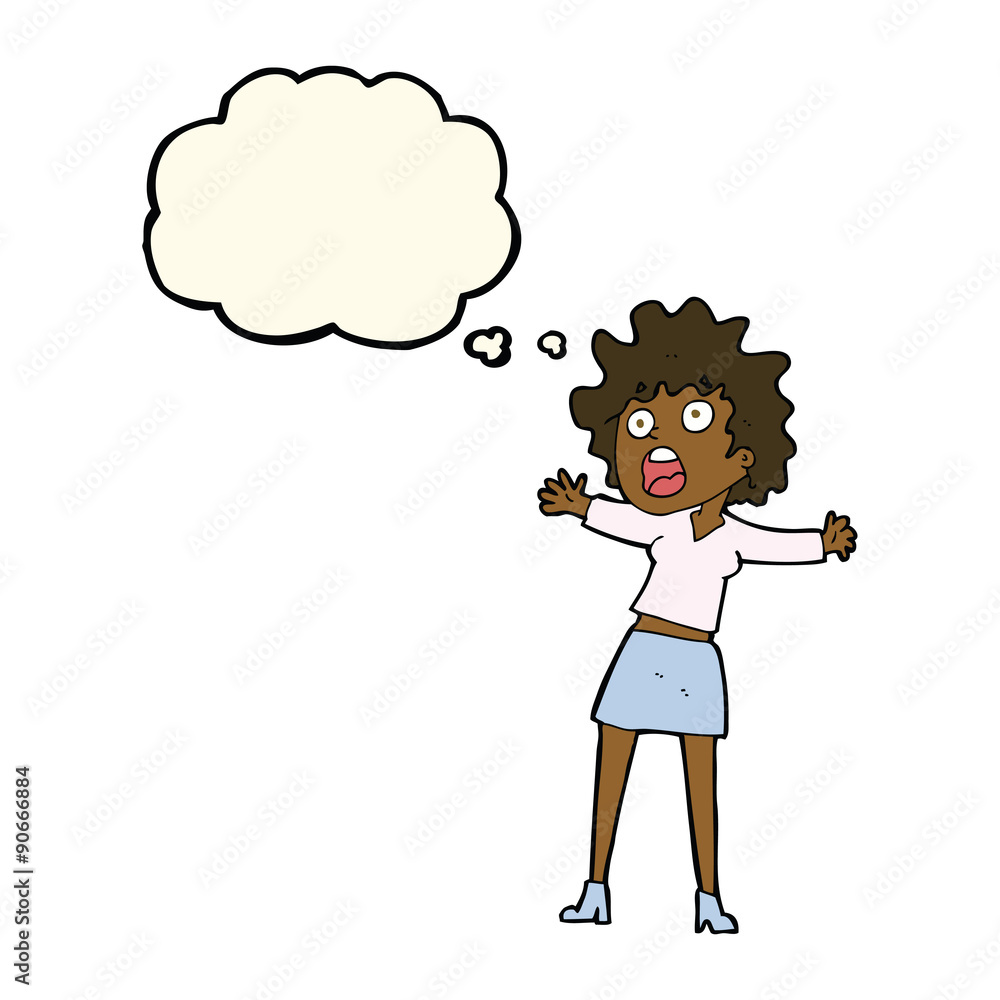 cartoon frightened woman with thought bubble cartoon frightened woman with thought bubble