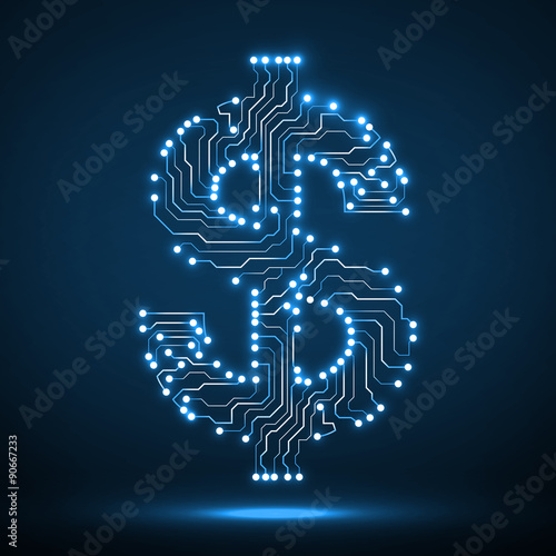 Neon symbol of dollar. Circuit board. Vector illustration