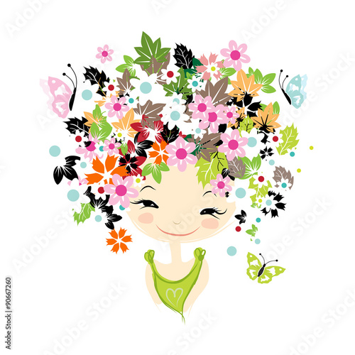 Female portrait with floral hairstyle for your design