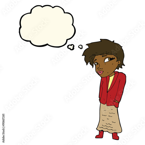 cartoon woman with hands in pockets with thought bubble