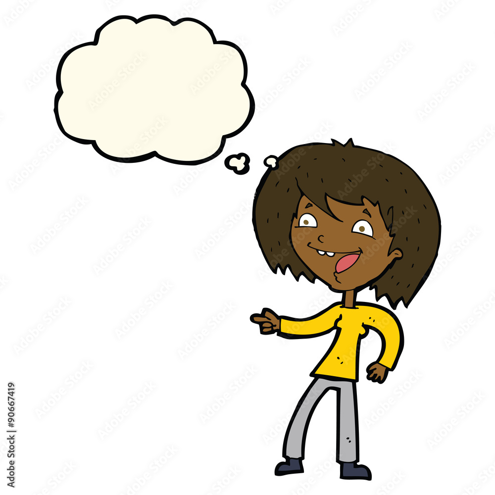cartoon woman laughing and pointing with thought bubble cartoon woman laughing and pointing with thought bubble