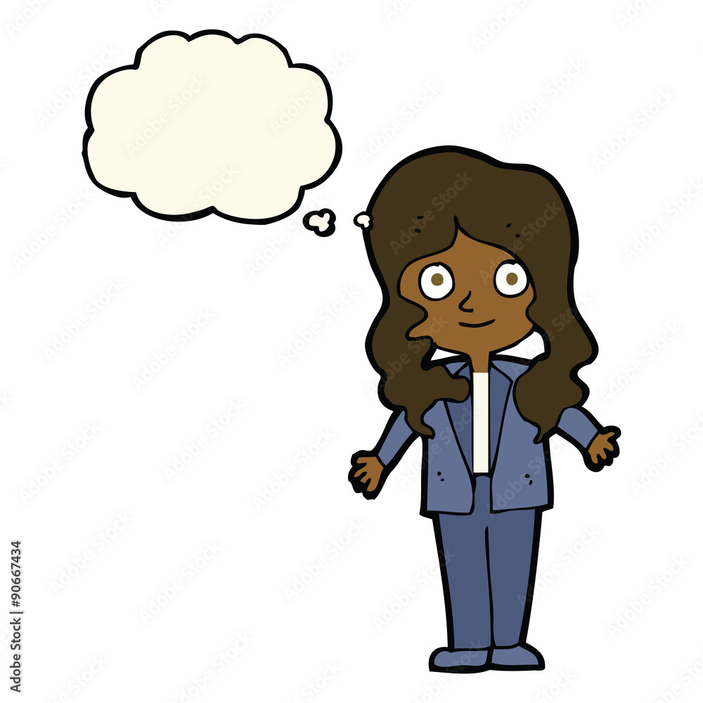 cartoon friendly business woman with thought bubble cartoon friendly business woman with thought bubble