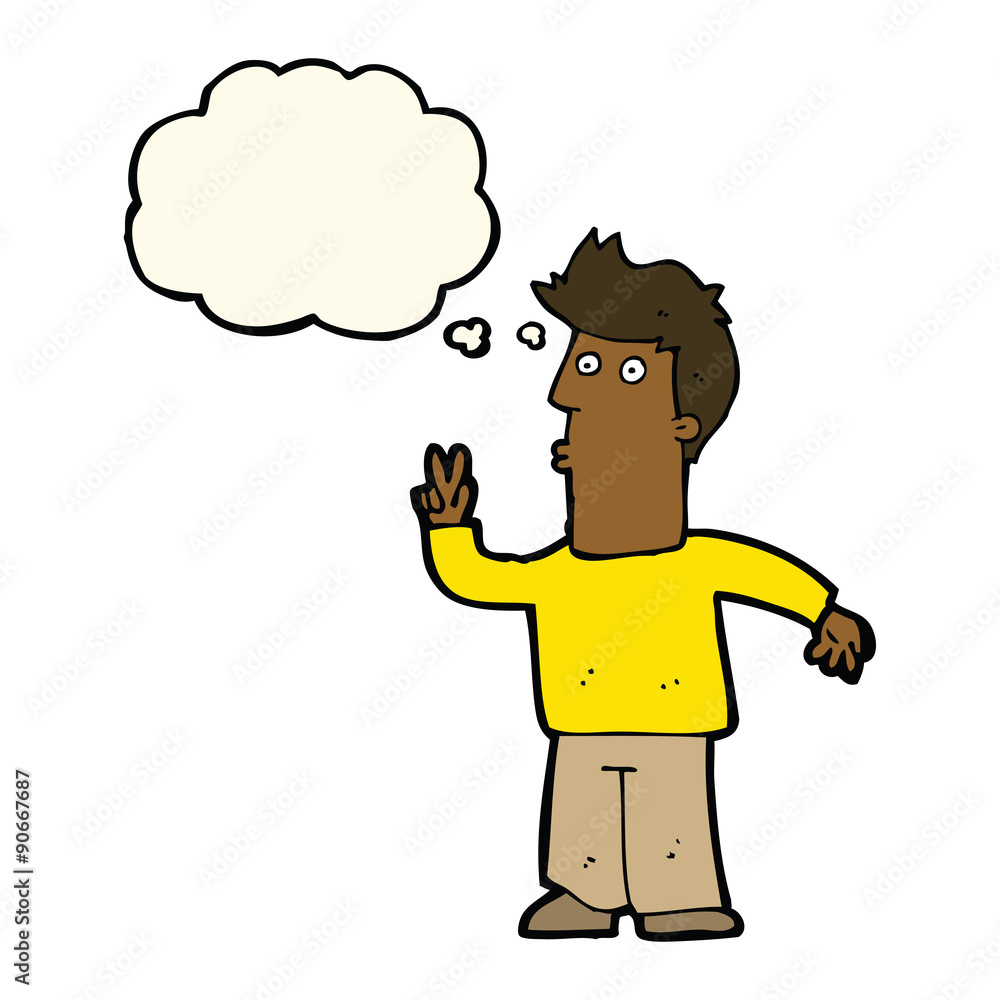cartoon man giving peace sign with thought bubble cartoon man giving peace sign with thought bubble