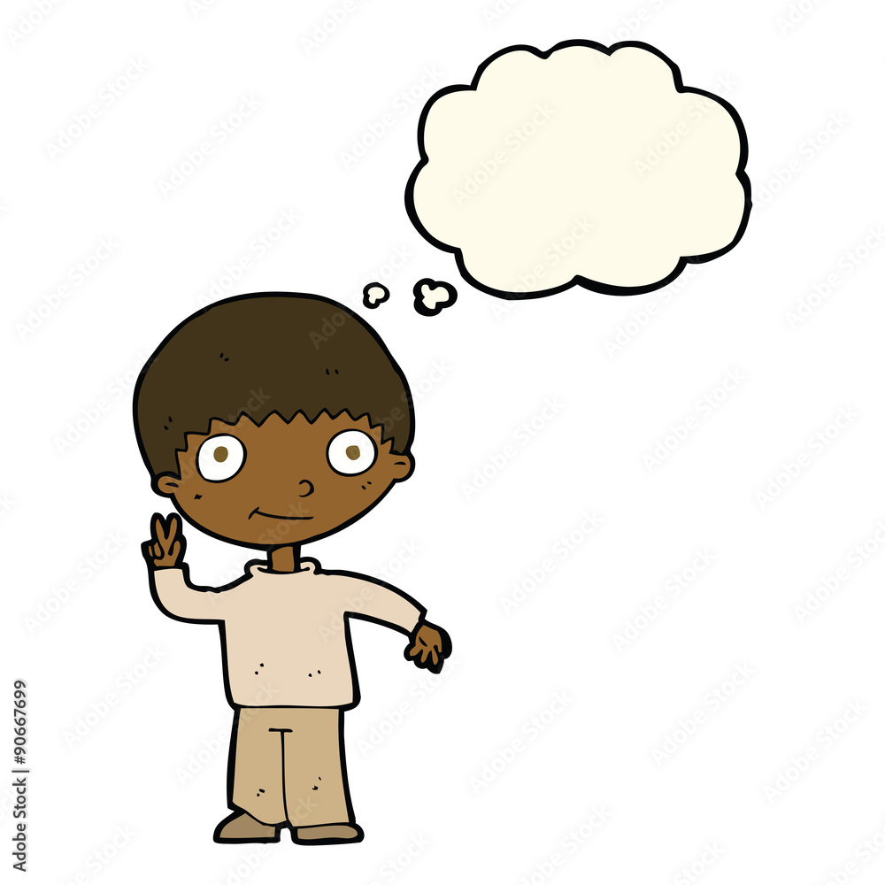 cartoon boy giving peace sign with thought bubble cartoon boy giving peace sign with thought bubble