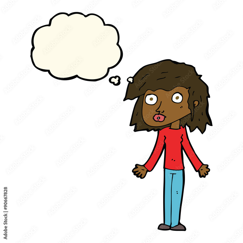 cartoon girl shrugging shoulders with thought bubble cartoon girl shrugging shoulders with thought bubble