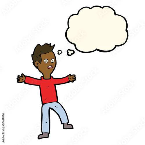 cartoon startled boy with thought bubble
