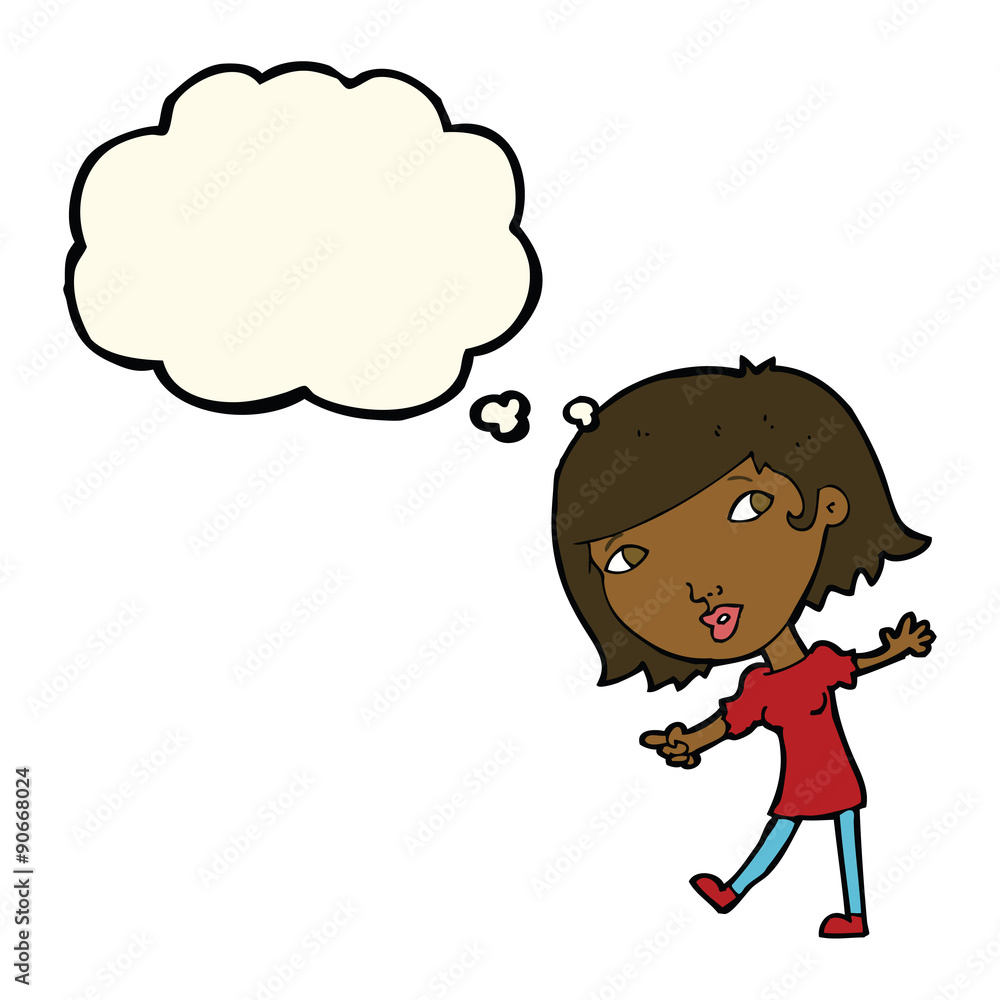 cartoon happy girl gesturing to follow with thought bubble cartoon happy girl gesturing to follow with thought bubble