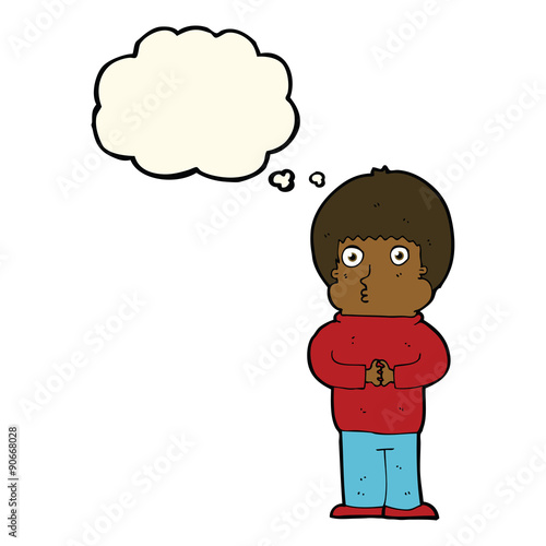 cartoon shy boy with thought bubble