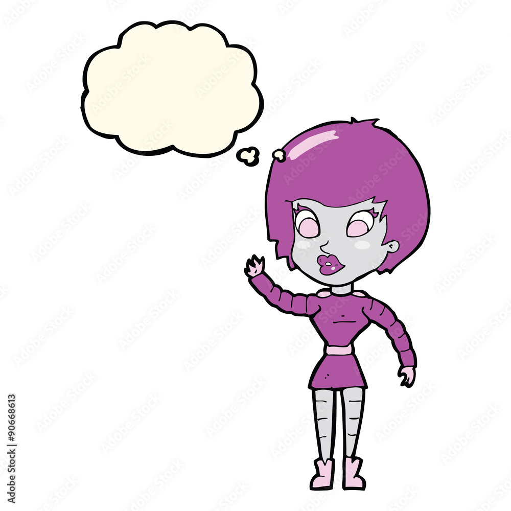 cartoon robot woman waving with thought bubble cartoon robot woman waving with thought bubble