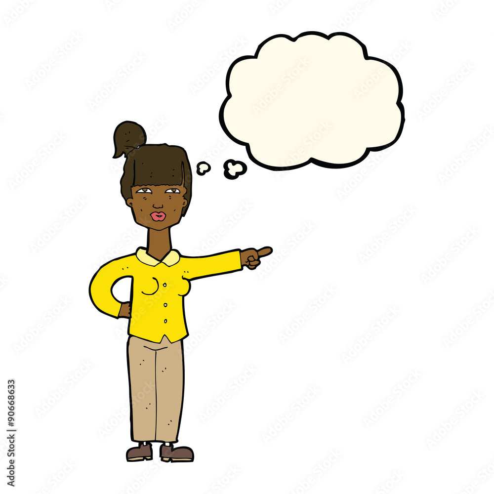 cartoon woman pointing with thought bubble cartoon woman pointing with thought bubble