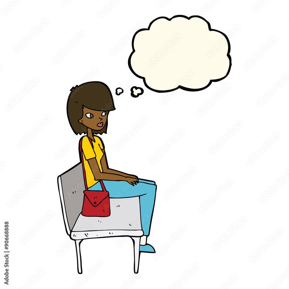 cartoon woman sitting on bench with thought bubble cartoon woman sitting on bench with thought bubble