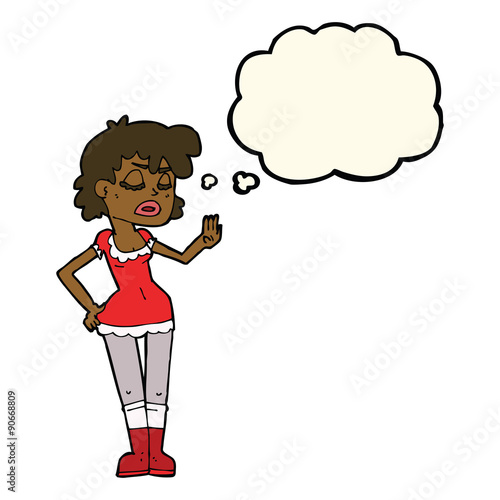 cartoon woman making dismissive gesture with thought bubble