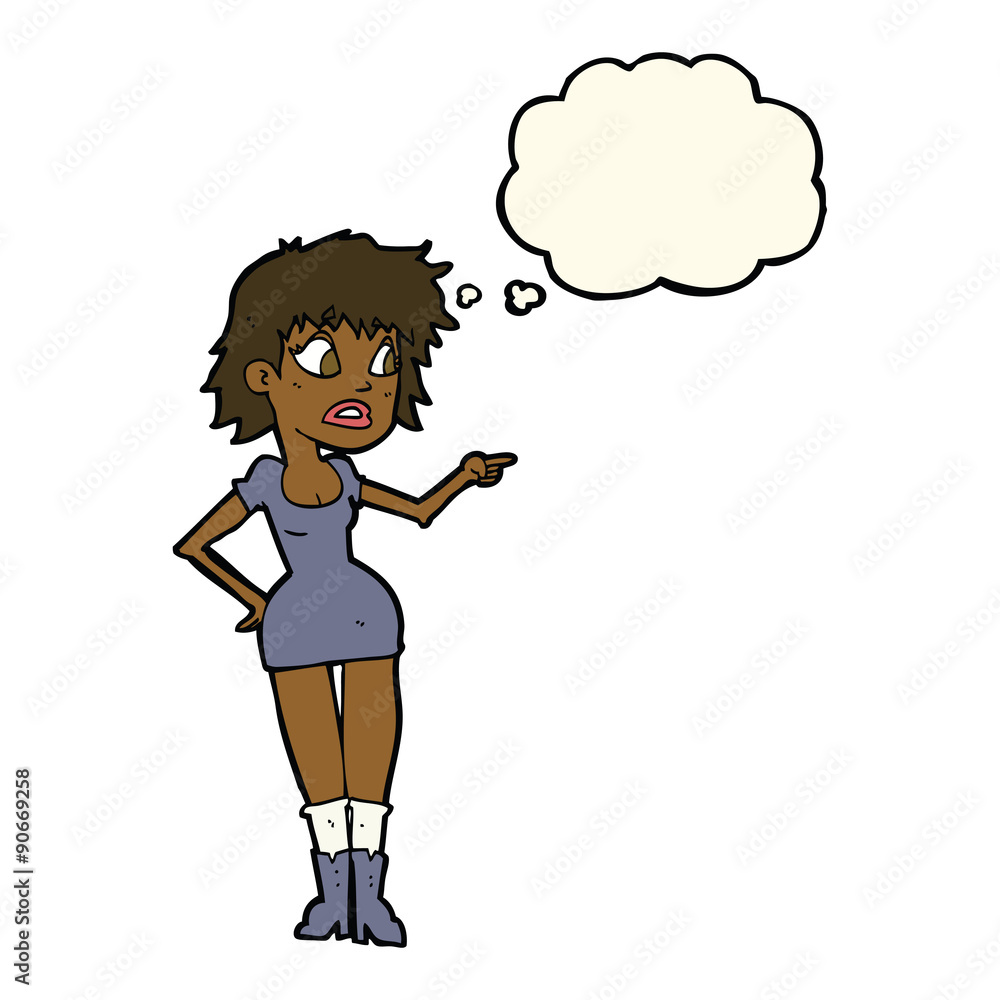 cartoon worried woman in dress pointing with thought bubble cartoon worried woman in dress pointing with thought bubble