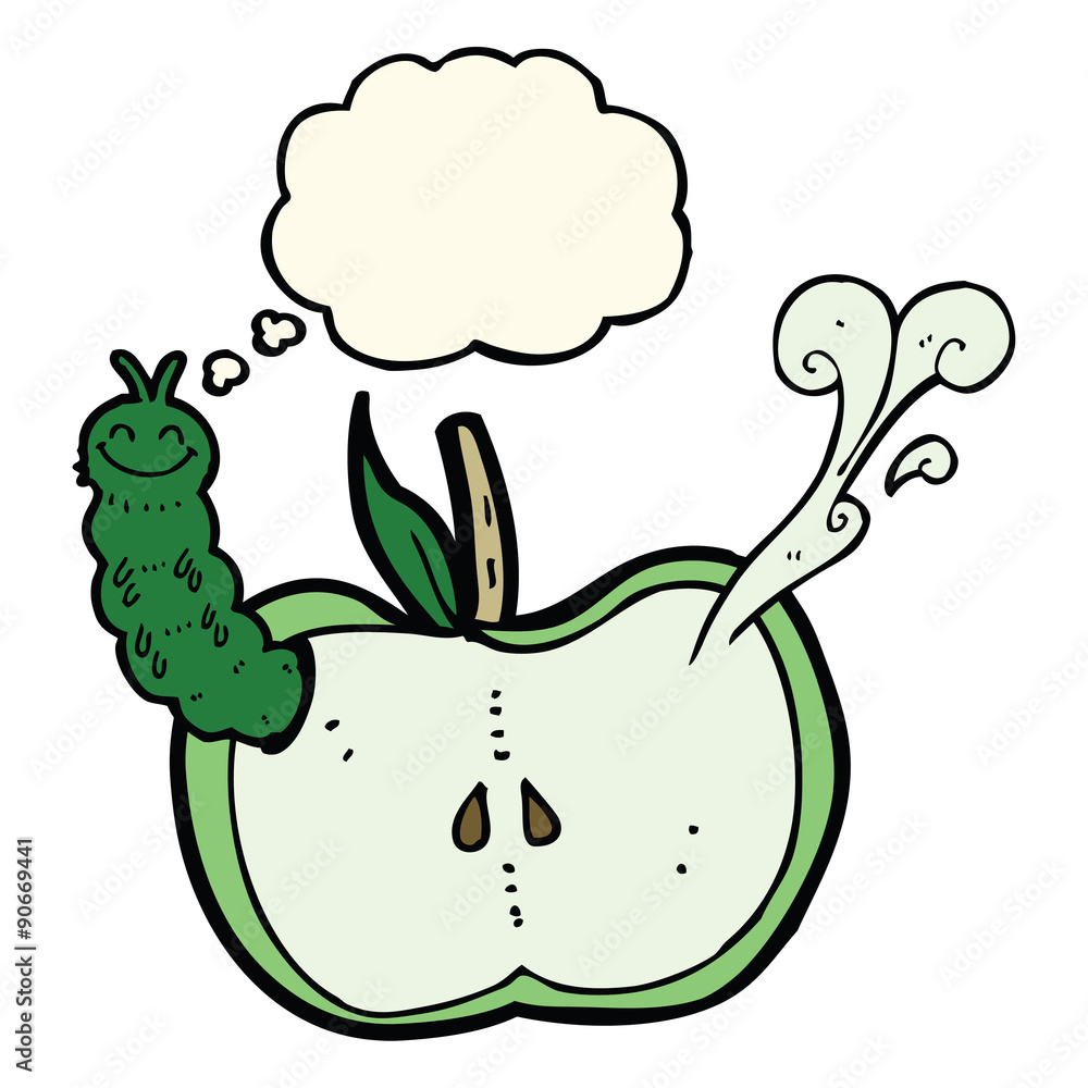 cartoon apple with bug with thought bubble cartoon apple with bug with thought bubble