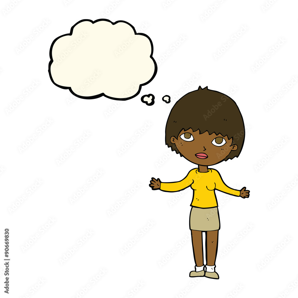 cartoon woman shrugging  with thought bubble