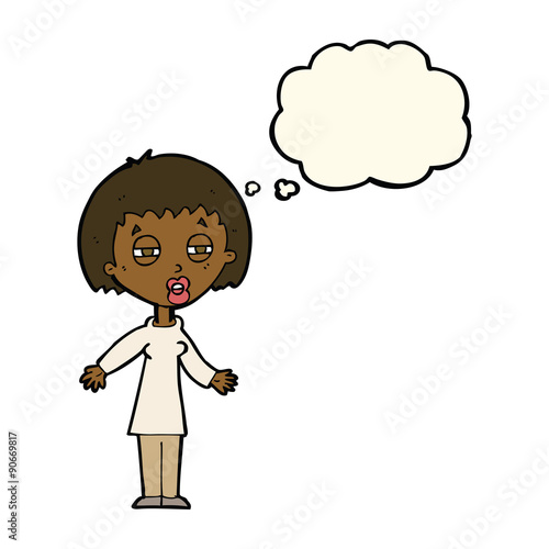 cartoon tired woman with thought bubble