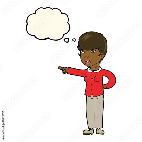 cartoon woman pointing finger of blame with thought bubble