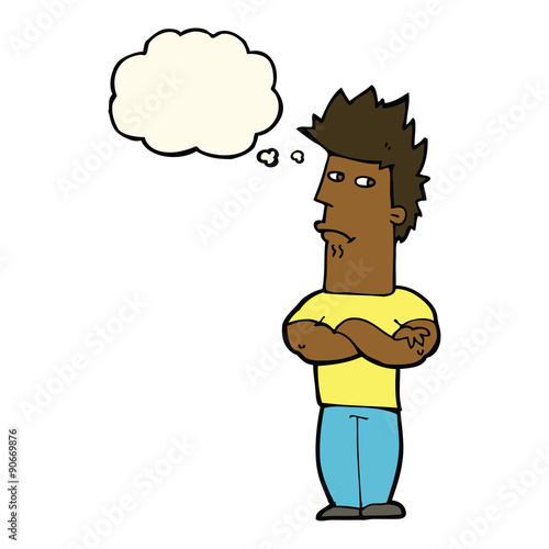 cartoon man sulking with thought bubble
