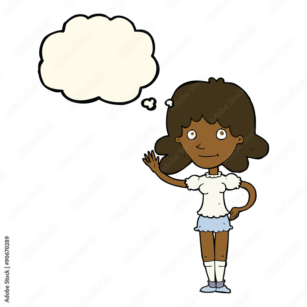 cartoon woman waving with thought bubble cartoon woman waving with thought bubble