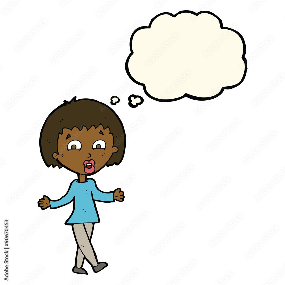 cartoon woman shrugging shoulders with thought bubble cartoon woman shrugging shoulders with thought bubble