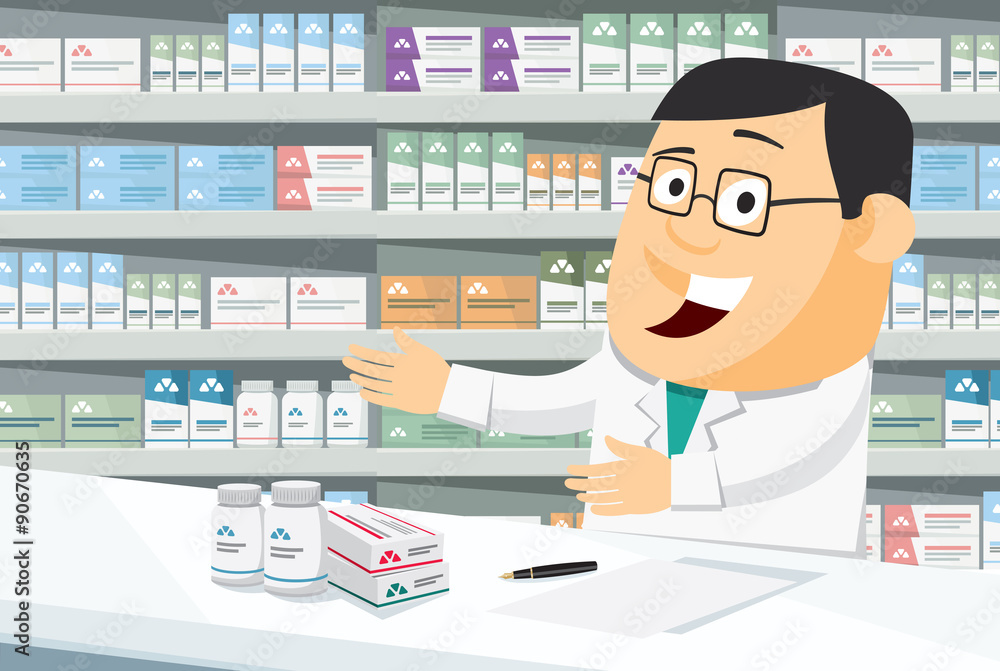 Pharmacist chemist man in pharmacy. Sale of vitamins and medications. Funny  cartoon vector simple illustration. Stock Vector | Adobe Stock