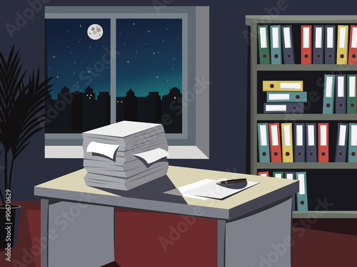 Vacancy. Looking for a new employee. Empty office with a documents, work desks and filing cabinets. Night theme with moon and stars. Vector simple illustration.