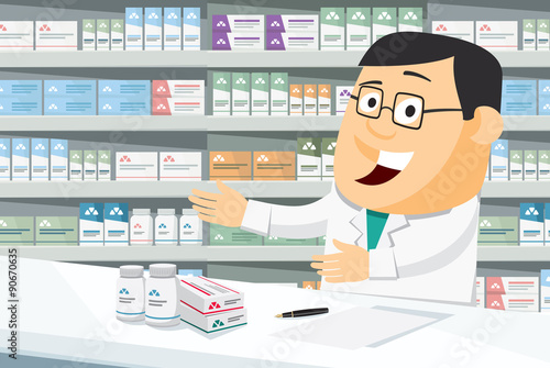 Pharmacist chemist man in pharmacy. Sale of vitamins and medications. Funny cartoon vector simple illustration.