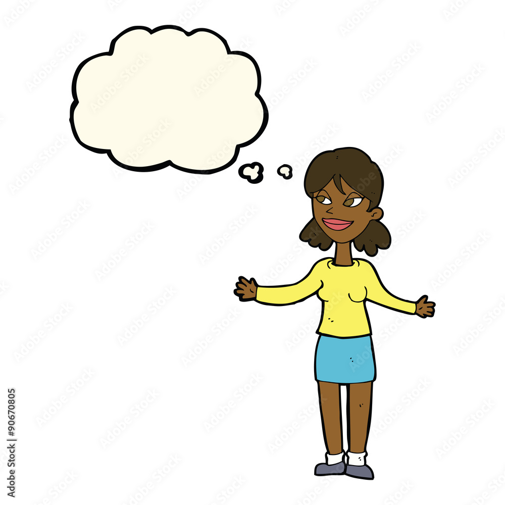 cartoon happy woman shrugging shoulders with thought bubble cartoon happy woman shrugging shoulders with thought bubble