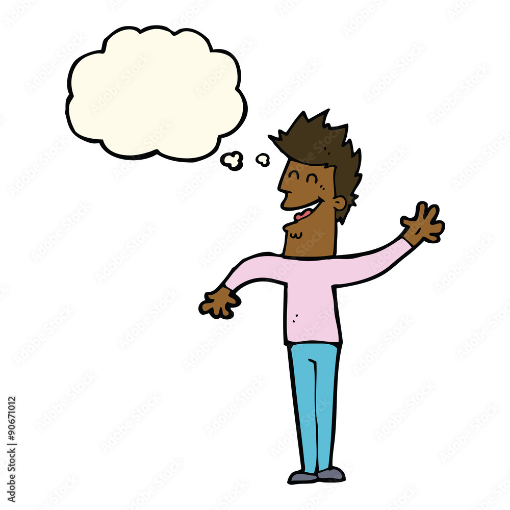 cartoon happy man waving with thought bubble cartoon happy man waving with thought bubble