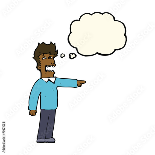 cartoon man accusing with thought bubble