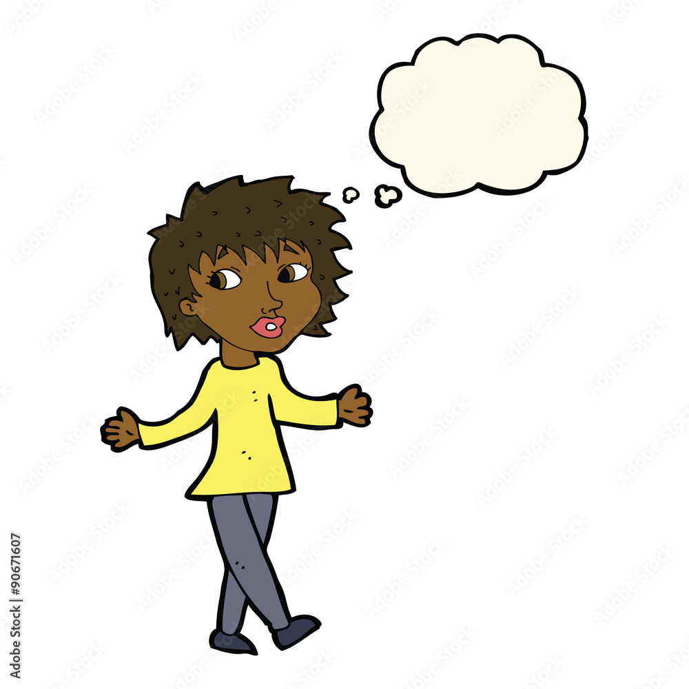 cartoon woman with no worries with thought bubble cartoon woman with no worries with thought bubble