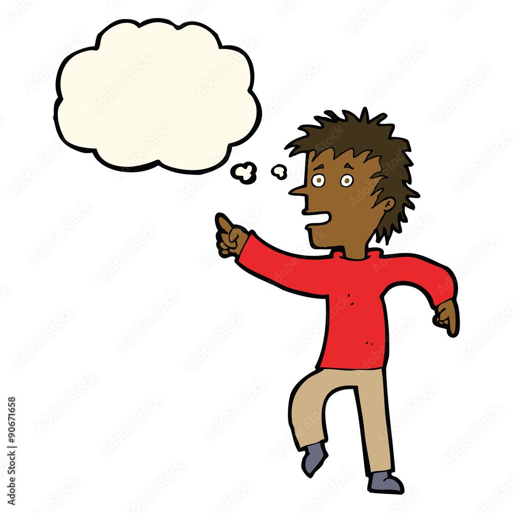 cartoon happy man pointing with thought bubble cartoon happy man pointing with thought bubble
