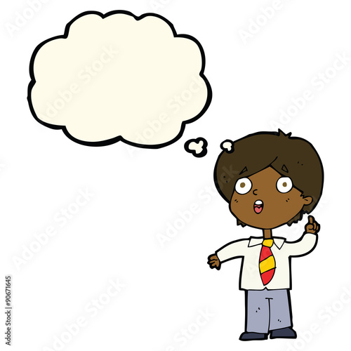 cartoon schoolboy answering question with thought bubble