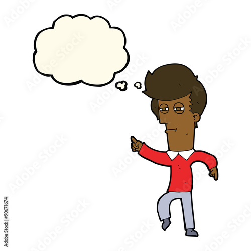 cartoon man accusing with thought bubble