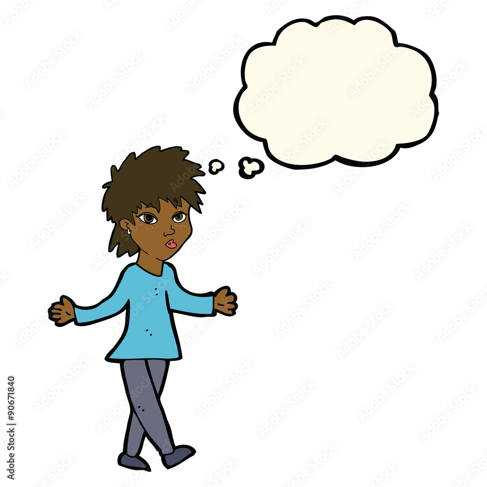 cartoon woman shrugging shoulders with thought bubble cartoon woman shrugging shoulders with thought bubble