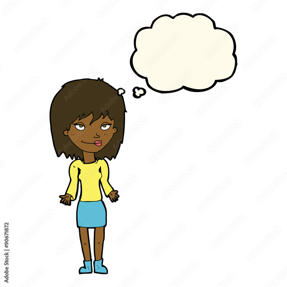 cartoon woman shrugging shoulders with thought bubble cartoon woman shrugging shoulders with thought bubble