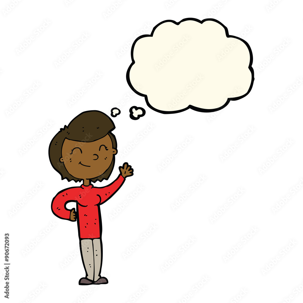 cartoon friendly waving woman with thought bubble cartoon friendly waving woman with thought bubble
