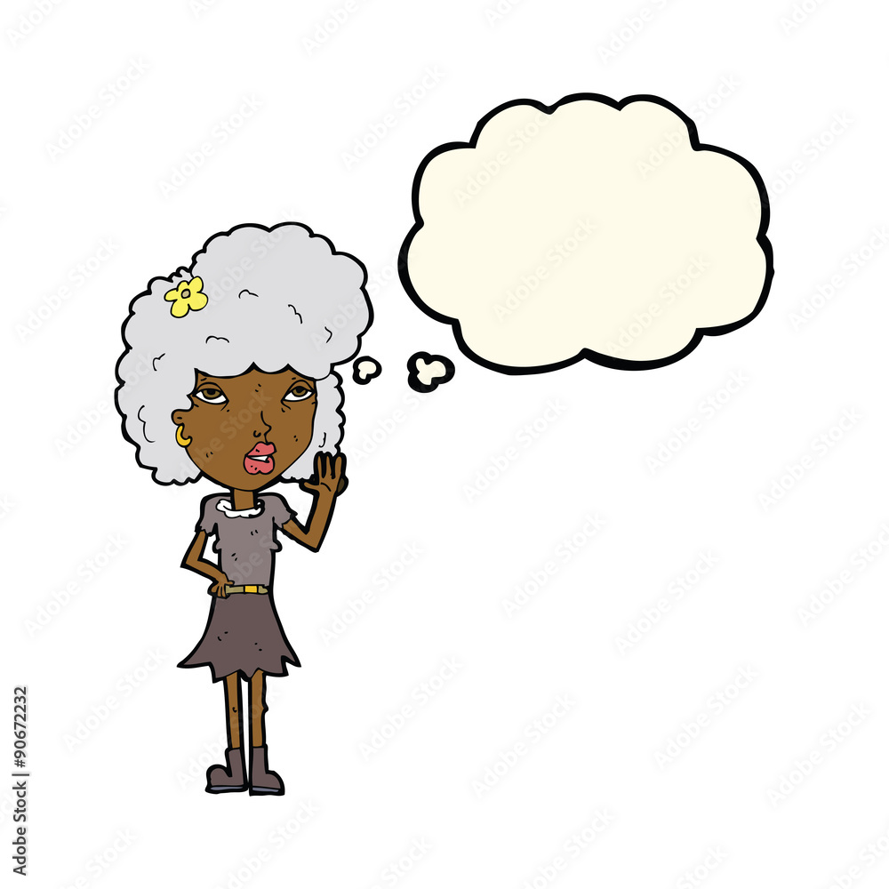 cartoon woman waving with thought bubble cartoon woman waving with thought bubble