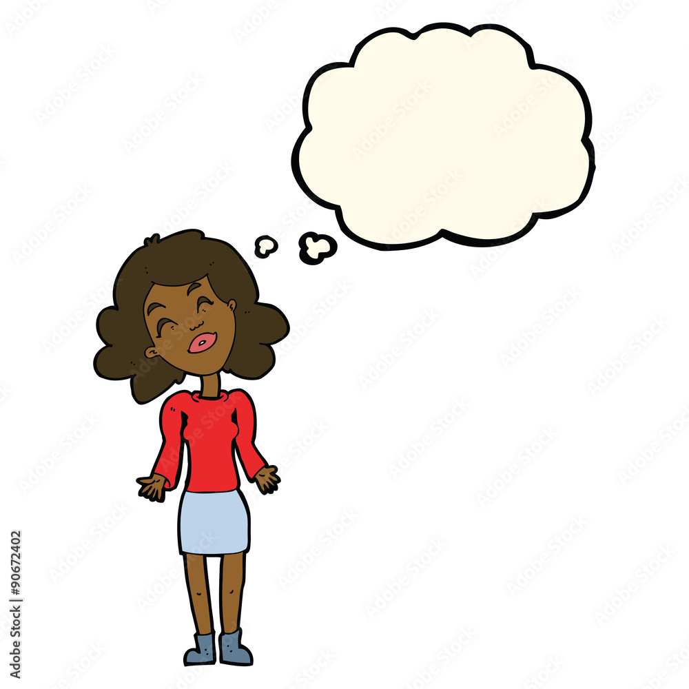 cartoon woman shrugging shoulders with thought bubble cartoon woman shrugging shoulders with thought bubble