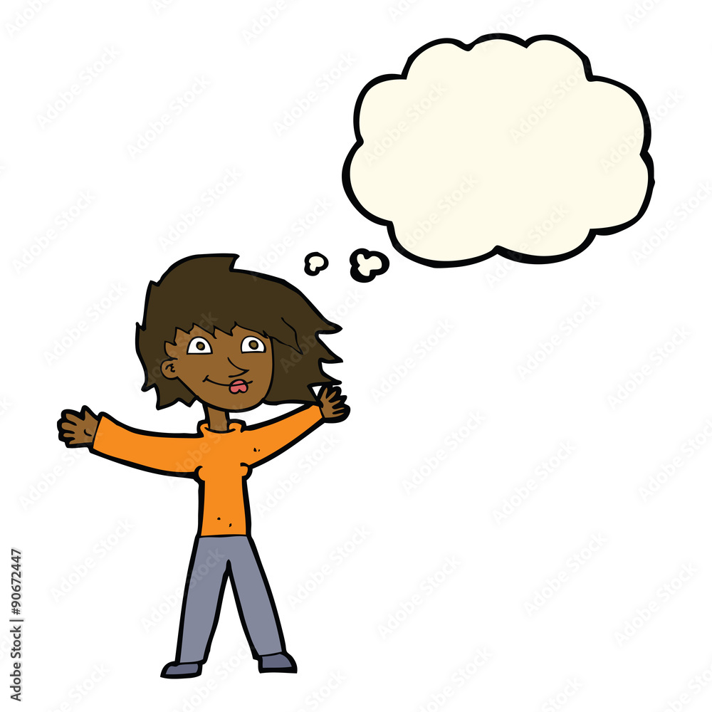 cartoon excited woman waving with thought bubble