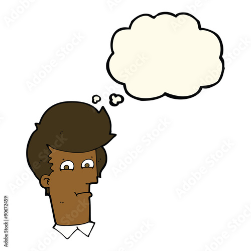 cartoon man narrowing eyes with thought bubble