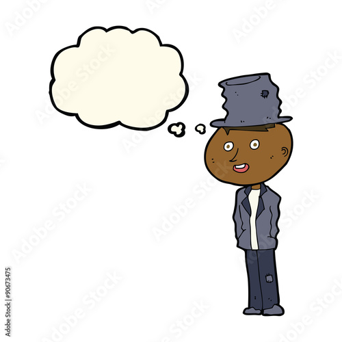 cartoon funny hobo man with thought bubble