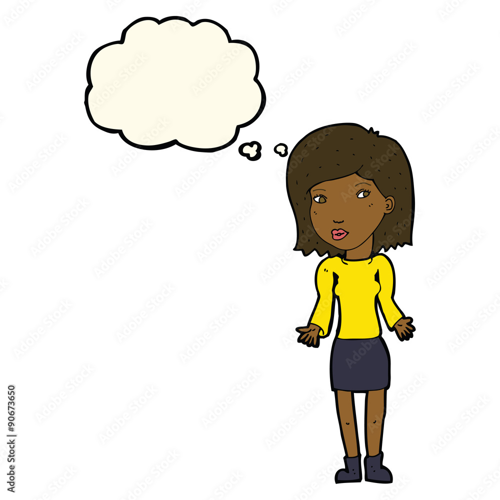 cartoon woman shrugging shoulders with thought bubble cartoon woman shrugging shoulders with thought bubble